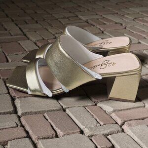 42 Gold‎ Metallic Gold Block Heel Sandals Square Toe Slip On Womens Size 75